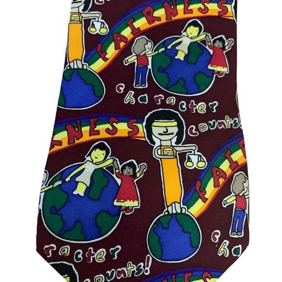 Vintage 90s Character Counts Fairness Silk Tie Maroon Red 3.75 Rainbow Necktie - Picture 3 of 5